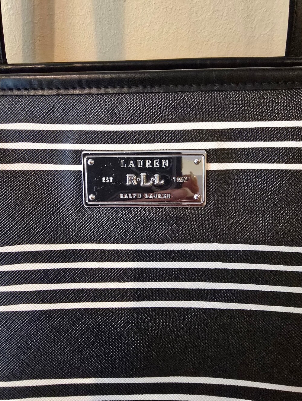 Lauren Ralph Lauren Black White Stripe Leather Tote Bag Plaque Visible Wear